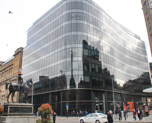 110 Queen Street, Glasgow
The Duke of Wellington with his obligatory traffic cone hat gives continuity to the changing landscape of Glasgow City Centre. 
