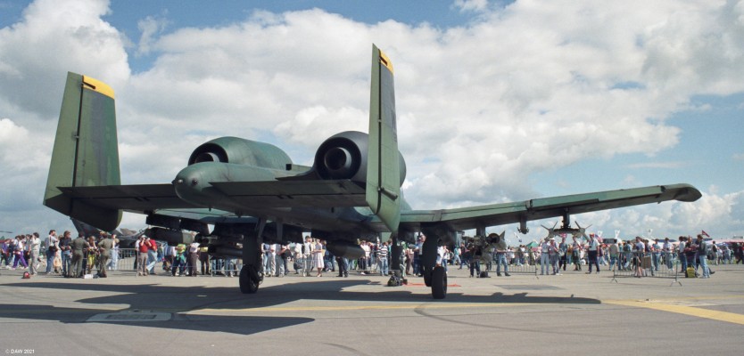 Fairchild A10 Thunderbolt, Fairford, 1993
A tail view of the A10 Thunderbolt ground attack aircraft.  The double tail and pylon mounted engines are all about survivablity under fire.
