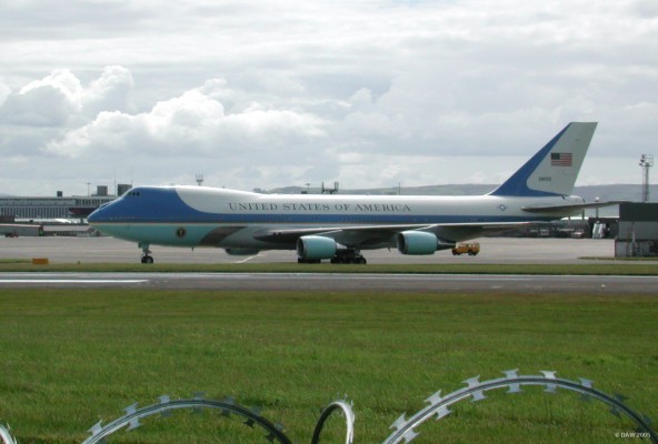 Air Force Two, Prestwick Airport, July 2005
The second of the two identical Presidential Aircraft that landed at Prestwick, this one with a tail number of 28000 entered service in 1990.  Perhaps this one is for his Golf Clubs and the bicycle on which he famously ran into a Police Officer at Gleneagles Hotel during the G8 Summit.
