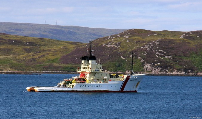 Anglian Prince, Loch Ewe
Emergency Tow Vessel Anglian Prince moored in Loch Ewe in the summer of 2008.  One of 4 vessels chartered by the Maratime and Coastguard Agency to help any vessels in difficulty around the coast of the British Isles.  This ship is based in the western Isles and can often be seen around Ullapool and any where north of there.  In 2011,  for cost reasons, all 4 ships will be stood down, a decision that will no doubt be regretted later.
