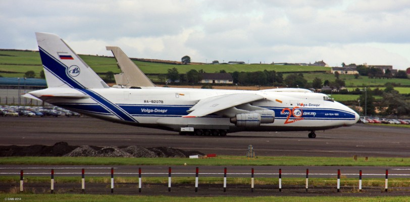 Antonov AN124-100, Prestiwck Airport
First flown in 1982 the An124 was designed as a heavy lift military transport aircraft for the Soviet Union.  It is capable of carrying up to 120 tons of cargo.  There are over 20 of these in civilian use as cargo aircraft with the Russian Airline Volga Dnepr being the largest operator.  Its not an uncommon visitor to Prestwick Airport.
