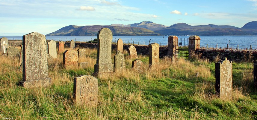 Isle of Arran from Skipness
A view of the Island of Arran from the ruins of Skipness Chapel on the Mull of Kintyre.  The village of Lochranza on Arran can be seen just above the gate.  [url=http://streetmap.co.uk/map.srf?X=190985&Y=657554&A=Y&Z=120/] Map location. [/url]

