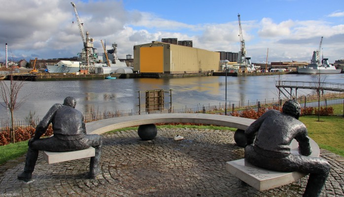 BAE Systems Scotstoun Ship yard, river Clyde
Over looking BAE Systems Scotstoun ship yard from Clyde View park.  The ships under construction are from left to right, HMS Diamond, Dragon and Dauntless.  They are three of the six type 45 Air Defence Destroyers being built for the Royal Navy.
