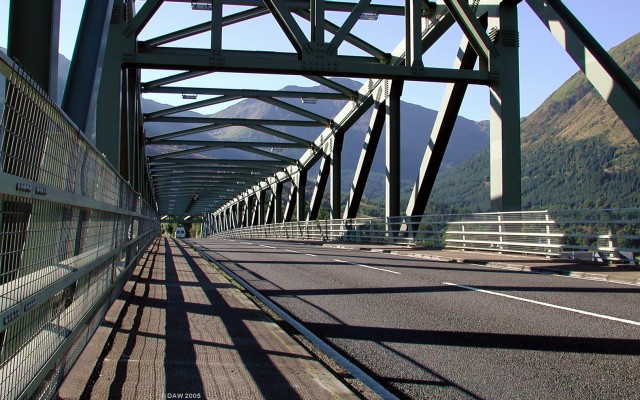 The Ballachulish Bridge
This view is from the north end of the bridge looking south.  The steel cantilever bridge was constructed in 1974.  It replaced a ferry which ran across the Loch at the same spot, the  alternative being a 22 mile drive round the Loch via Kinlochleven.
