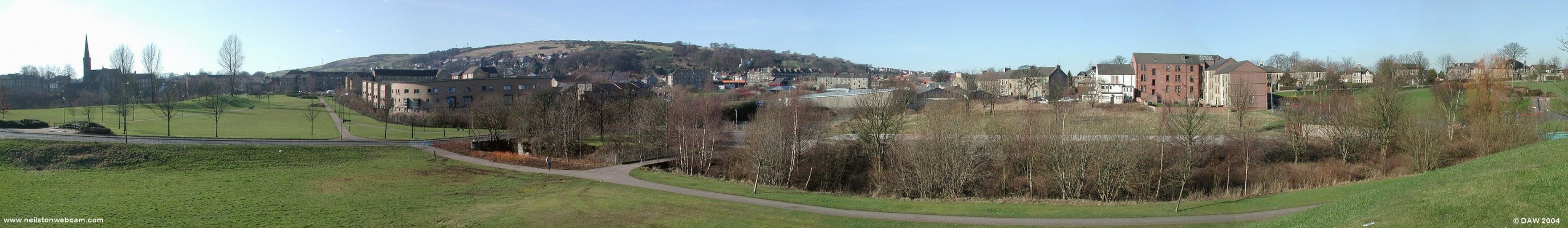 Centenery Park, Barrhead
Opened in 1994 in celebration of 100 years of the Burgh of Barrhead.  This new park used land in the centre of the town that had formally been industrial areas and was part of the re-generation of Barrhead town centre.  On the extreme left is the spire of Bourock Church and the Fereneze hills can be seen in the background.
