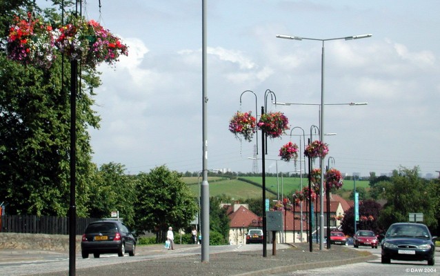 Looking towards Dovecothall roundabout, Barrhead Main Street
A blaze of summer colour on the main dual carraigeway through Barrhead, summer 2004.  The lower trees on the left is where the Levern Mill once stood.
