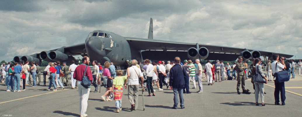 Boeing B-52 Strategic Bomber
This photo gives you an idea of the size of the B-52, still one of the largest bombers ever built.  With the upgraded the remaining aircraft have had they are likely to stay in service until the 2050's.
