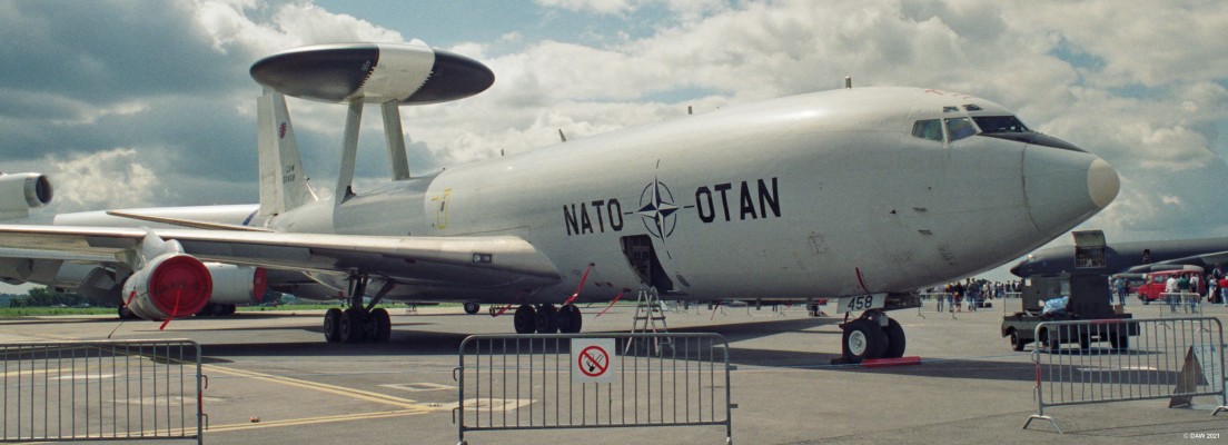 Boeing E-3 Sentry Aircraft, Fairford, 1993
Based on the airframe of a Boeing 707 commercial airliner the E-3 was first introduced in 1977.  This example (LX-N 90458) is operated by NATO.
