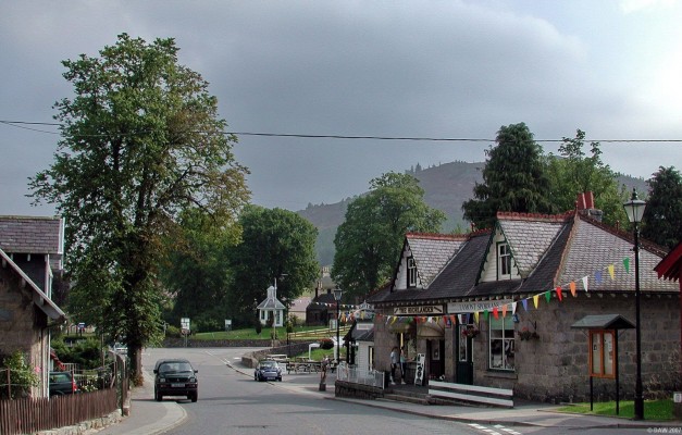 Braemar, Aberdeenshire
A view of the attractive village of Braemar.  One of its claims to fame is the annual "Gathering" (Highland games) that take place in September every year.  Since the days of Queen Victoria there has always been a royal presence at them.  The small white building in the distance is the Meteorological Observatory set up by Prince Albert.  To date Braemar holds the record for the coldest temperature recorded in the UK, -27.2Centigrade on 10th Jan 1982.
