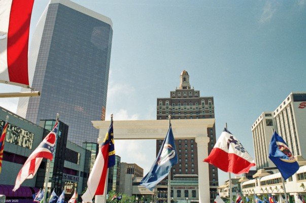 Brighton Park, Atlantic City, 1989
On the left is the 38 floor Bally's Casino Hotel, the tallest building  in Atlantic City when this photo was taken.  In the centre is the 24 floor Claridge Hotel built in 1930 which remained the tallest building until 1989.
