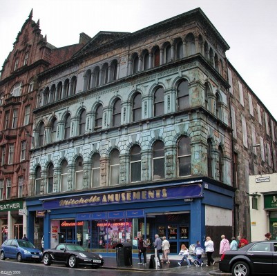 The Britannia Panopticon Music Hall, Glasgow, 2008
Built in 1857, the date is carved in stone at the top of the building.  Today the secret of what lies within is well hidden.  It is the oldest intact music hall left in the UK.   When in use it  had a central entrance where the amusement shop is now.  The building is catagory A listed and the music hall is in the hands of a [url=http://www.britanniapanopticon.org/] trust. [/url].  [url=http://www.streetmap.co.uk/map.srf?X=259412&Y=664954&A=Y&Z=110/] Map location. [/url]
