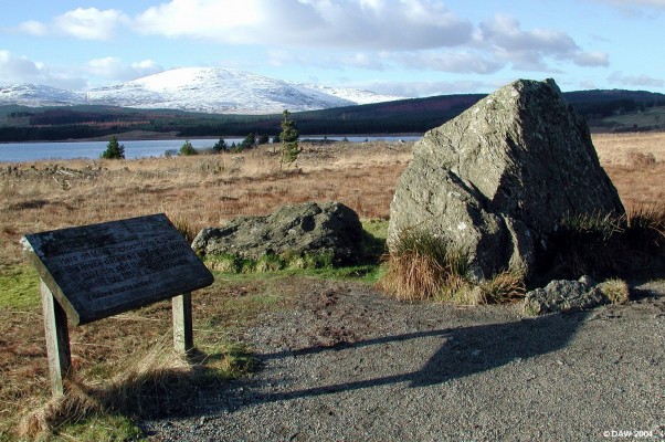 Bruce's Stone, Moss Raploch, Galloway Forest Park
The site where King Robert The Bruce defeated an English army in 1307.  Bruce is said to have rested against the stone after the battle, he must have done a lot of resting because Scotland is full of stones named after him.  The Loch is a modern artifact formed by the Clatteringshaws Hydro Dam.
