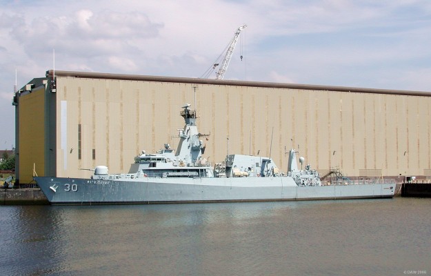 Jerambakis, the last of three Brunei Navy OPV's built at BAe Systems, Scotstoun
Jerambakis is the last of the three Off Shore Patrol Vessels (OPV's) built by BAe Systems at Scotstoun for the Sultan of Brunei, the total contract was worth over ?600 million.  However, there is a dispute over acceptance of the vessels and as a result all three ships are completed but remain moored here at Scotstoun and have been there for over a year at the time this photo was taken in July 2006.


