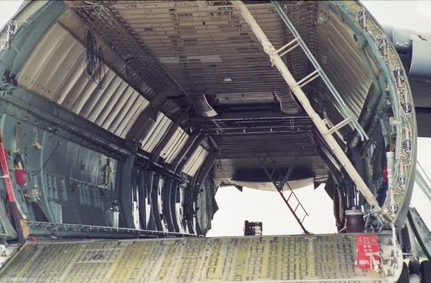 Lockheed C5 Galaxy cargo hold
A view down the cavernous cargo hold of the C5 Galaxy transport aircraft.  There is seating for nearly 80 passenger on an upper deck.
