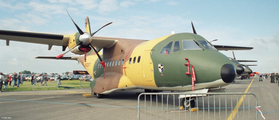 CASA CN235 Transport Aircraft, Fairford, 1993
Developed jointly by the Spanish firm CASA and the indonesian manufacturer IPTN as a regional airliner and military transport Aircraft.  It first entererd service in 1988, this example is from the Spanish Air Force.
