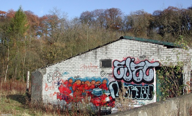 Graffiti, Calderpark Zoo, 2007
One of the larger buildings at the site of Calderpark Zoo, at one time there were elephants here so maybe this was for them.  [url=http://www.streetmap.co.uk/map.srf?X=268386&Y=662585&A=Y&Z=115/] Map location. [/url]
