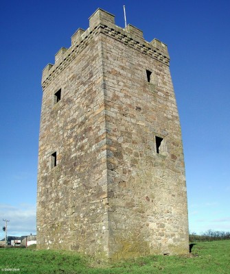 Caldwell Tower, South Western view
The tower consists of three floors, the first two having vaulted stone roofs.  The ground floor is thought to have been the kitchen and the other two floors are accessed by an outside stone stairway.  Credit should be given to the present owner who is in the process of restoring the top roof which should help to keep the building in good condition.
