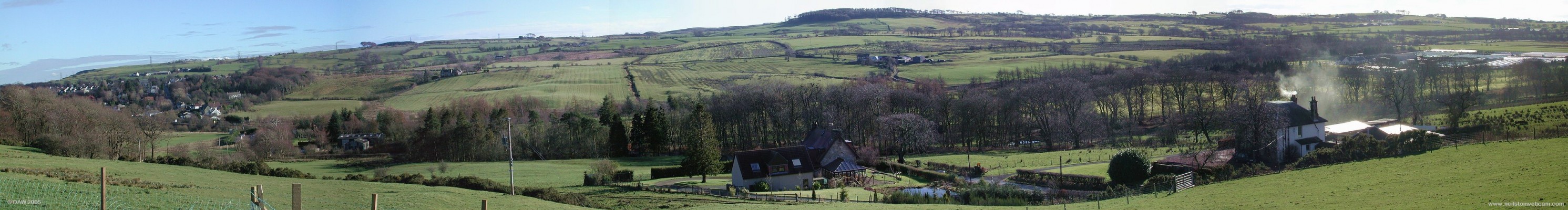 Panoramic view looking south from Caldwell Tower
This winter view was taken standing in front of Caldwell Tower.  It shows the village of Uplawmoor on the left and McLaren's Nursery on the extreme right. Caldwell Golf course runs behind the trees in the foreground.
