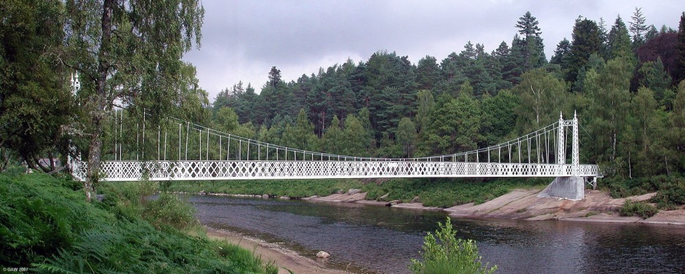 Cambus O May Suspension Bridge, River Dee
Located between Ballater and Aboyne this bridge was donated to the public by Alexander Gordon in 1905.  It was built by James Abernethy & Co of Aberdeen.  Alexander Gordon, born in 1818, was a local boy who made his money in the brewing industry in London but never forgot his roots.  He also donated public buildings in Ballater. [url=www.multimap.com/map/browse.cgi?lat=57.065&lon=-2.9574&scale=25000&icon=x/]Map location[/url]
