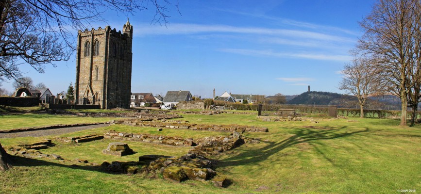 The ruins of Cambuskenneth Abbey, near Stirling
Cambuskenneth Abbey was one of the more important Abbeys in Scotland, it was founded around 1140 by David I.  Robert the Bruce held his parliament here in 1326 to confirm the succession of his son David II.  The Abbey fell in to disuse during the reformation and was closed by 1559.  Much of the stonework was removed and used for projects in Stirling Castle.  The only part remaining is the bell tower following an extension restoration in 1859. 

