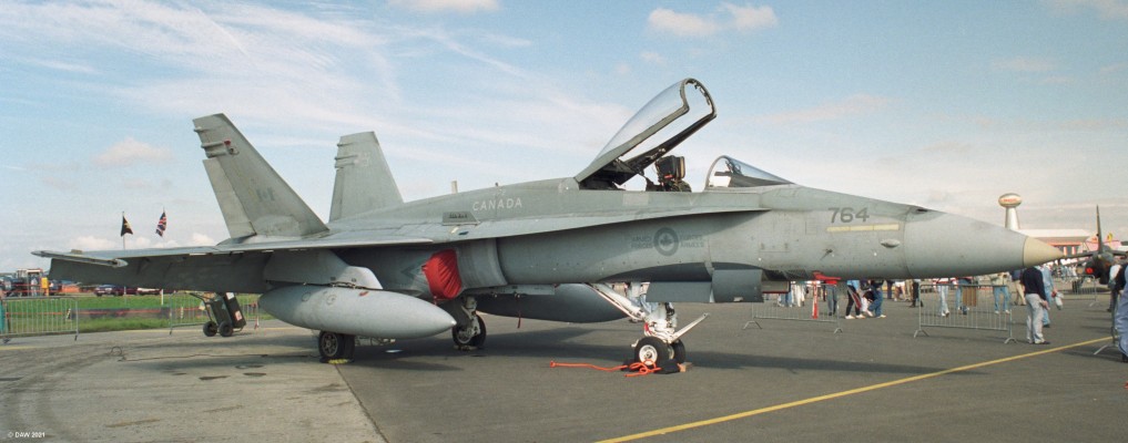 McDonnell Douglas F-18 Hornet, Fairford, 1993
An F18 Hornet of the Canadian Air Force.  The Hornet was primarily designed as a carrier bourn Multi-role supersonic fighter although it has also been sold to other countries as a conventional fighter jet.  It first entered service in 1983.
