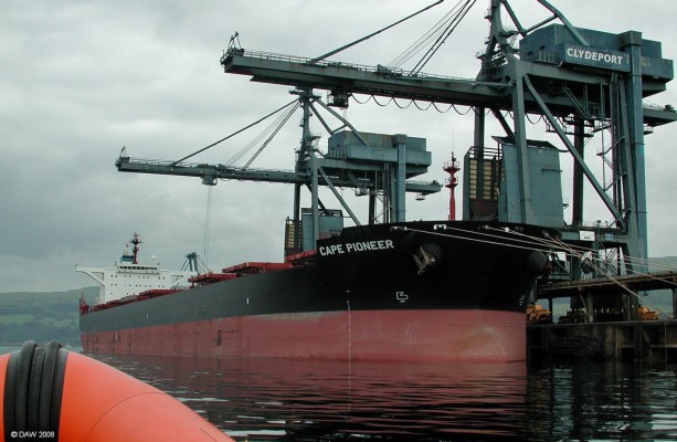 Cape Pioneer berthed at Hunterston Ore Terminal, Firth of Clyde
Delivered in January 2005 by Hyundia Samho heavy Industries in South Korea.  This vessel is a bulk carrier with a dead weigth tonnage of 170,000 tons, it is 289m long and has a beam of 47m.  It looks like its cargo has nearly been off loaded judging by how high she is sitting in the water, it only takes a matter of days to unload a ship of this size with the cranes working round the clock.  [url=http://www.streetmap.co.uk/streetmap.dll?G2M?X=219255&Y=654860&A=Y&Z=3/]Map location. [/url]
