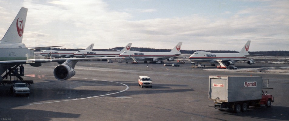 Anchorage Airport, Alaska, 1985
A row of Japan Airline 747 Cargo Aircraft at Anchorage Airport in 1985.
