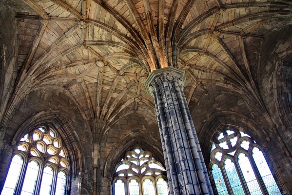 The Chapter House, Elgin Cathedral
Looking up at the stone vaulted roof in the Chapter House at Elgin Cathedral.  The Hexagonal shaped building is the most intact remains of the Cathedral and dates from the 15th century. [url=http://www.streetmap.co.uk/map.srf?X=322218&Y=863035&A=Y&Z=115/] Map location. [/url]
