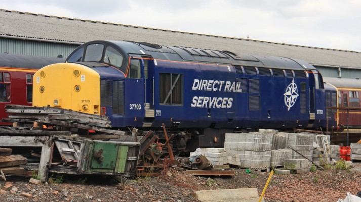 Class 37 Locomotive, Bo'ness & Kinneil Railway
British Rail class 37 Deisel Electric locomotive (37703) at Bo'ness & Kinneil railway in 2016.  Built at the English Electric Vulcan Foundry in 1962.   It has a power output of 1.3MW and some 309 were produced.  Despite their age 55 remain in main line service.  This one is on loan to the Bo'ness & Kinneil Railway.
