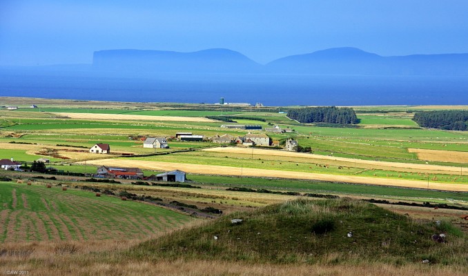 Cnoc Freiceadain Chambered Cairn, Caithness
The insignificant mound in the foreground is part of the South Neolithic Long Cairn on top of the Hill of Shebster near Dounreay.  There are two Long Cairns at right angles, neither have ever been excavated.  The view is looking North East with Orkney in the haze in the distance. [url=http://www.streetmap.co.uk/map.srf?X=301309&Y=965357&A=Y&Z=115/] Map location. [/url]
