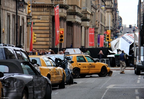Looking along Cochrane Street, World War Z, Glasgow
The red flags are rather optimistic 'Business as Usual' signs.
