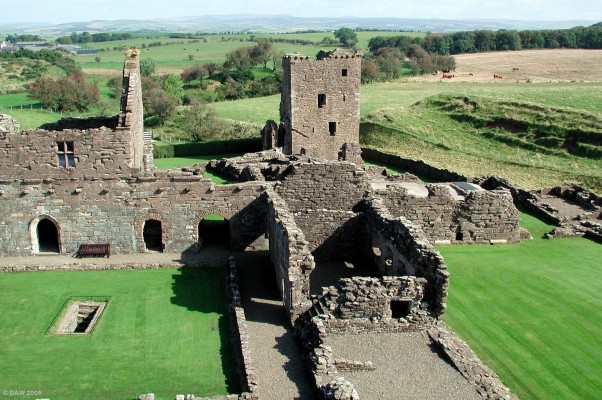 Crossraguel Abbey viewed from the top of the Gatehouse
Crossraguel Abbey dates from the early 13th century.   The traditional Tower House in the background of the picture dates from around 1530.  The site is owned by Historic Scotland and is open to the public in the summer from March to September.
