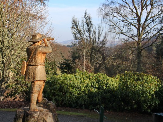 Wood carving of David Douglas, Dawyck Botanical Garden
David Douglas was born is Scone in Perthshire in 1799 and became a renowned Botanist and plant hunter.  Some of the plants here at Dawyck were brought back from foreign travels by Douglas.  The Douglas Fir was named after David Douglas.
