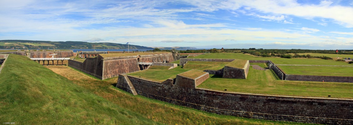 Defence in Depth, Fort George
On the left is the principal Bridge which leads to the Ravelin.  This is a self contained platfrom that can fire over the cover way.  To the right are firing platfroms in the covered way for defenders and in front of them the Glacis, a gradual slope that attackers would have to cross.  The principal ditch has stairs to allow defenders to cross to firing positions without being exposed to fire.
