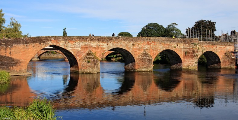 Devorgilla Bridge, River Nith, Dumfries
One of Scotlands oldest standing bridges it was built in the early 15th century to replace a previous one damaged by floods.  Today it has 6 arches (two on the right were obscured by scaffolding on this day) but was built as a 9 arch bridge.  Reclamation work in 1794 narrowed the Nith and created the whitesands area of Dumfries after which 3 arches were demolished.  Today the bridge is only used for pedestrians. 
