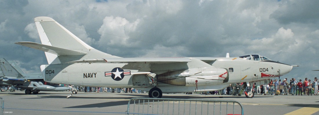 Douglas A3 Skywarrior, Fairford, 1993
The Sky Warrior was developed as a carrier borne strategic bomber for the US Navy.  It first entered service in 1956.  They were retired in 1991 although this example still appears to be flying in 1993.
