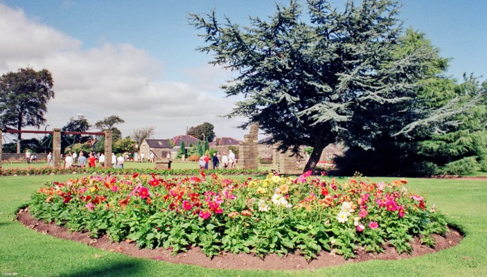 Douglas Park, Largs 1988
Due to cutback the summer planting today is not as colourful as is was at this time in the summer of 1988.  The bowlers can be seen on Douglas Park Bowling Green in the background.
