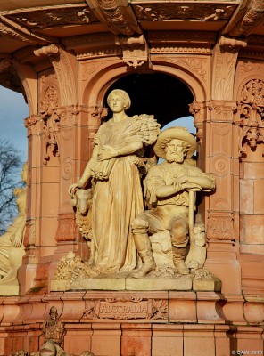 The Australian panel on the Doulton Fountain, Glasgow Green
Erected in 1888 to celebrate the Golden Jubilee of Queen Victoria and the acheivements of the British Empire in the four corners of the world. The side depicts Australia, Queen Victoria can be seen standing on top, of the Empire. 
