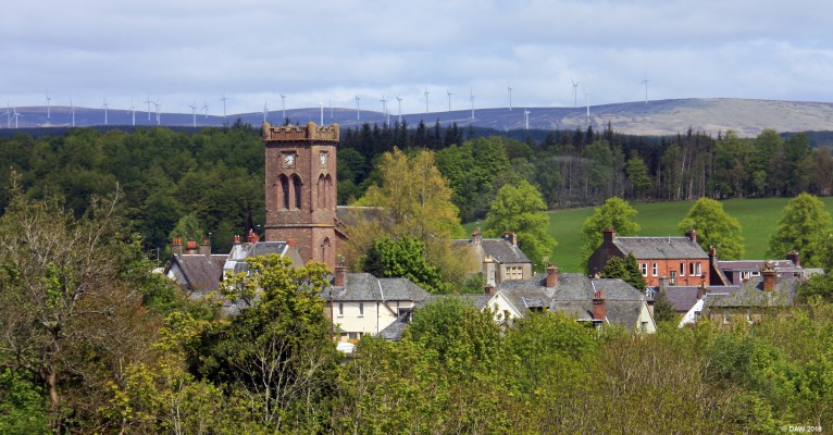 The village of Doune
Doune as seen from the top of Doune Castle.  The Church tower is that of Kilmadock Parish Church, built in 1822.  In 2008 the congregation moved to another building and it has been unused since then.  [url=http://streetmap.co.uk/map.srf?X=272895&Y=701080&A=Y&Z=120/] Map location. [/url]

