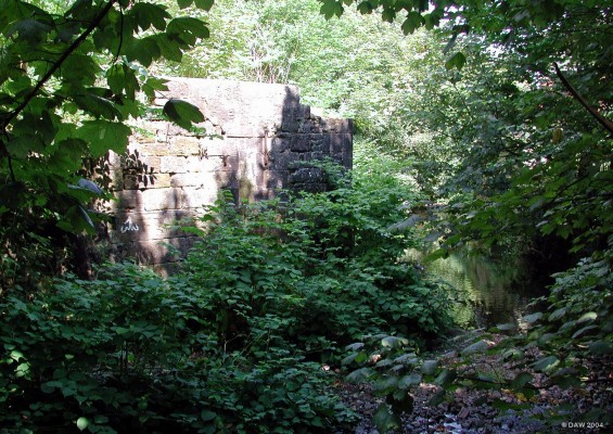 ruins of Dovecothall Mill, Barrhead
The Dovecothall Mill was the first Cotton mill on the Levern, built by a Lancashire company in 1780.  A much larger Mill, the Levern Mill was built in 1798 by the Dunlops.  It was on the opposite bank of the river but was completely demolished in 1969 due to it being unsafe.  The ruins of the Dovecothall Mill are almost completely obscured from view by trees today.

