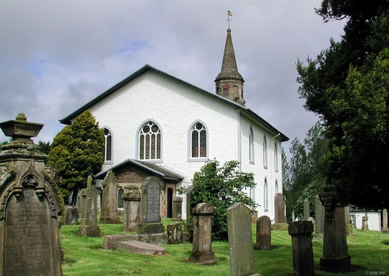 Eaglesham Parish Church and Graveyard
It is thought there has been a place of worship near this site since the 5th or 6th century.  On a wall inside the Church there is a list of Ministers of the Parish from 1388.  The present building dates from 1790.  
