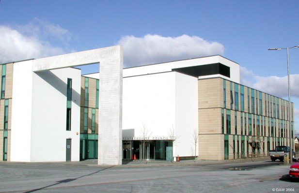 East Renfrewshire Council offices
The new Council offices in Main Street, Barrhead. Cost ?5m and employs around 300 people.  I bet some architect got an award for that piece of concrete sticking out the front.
