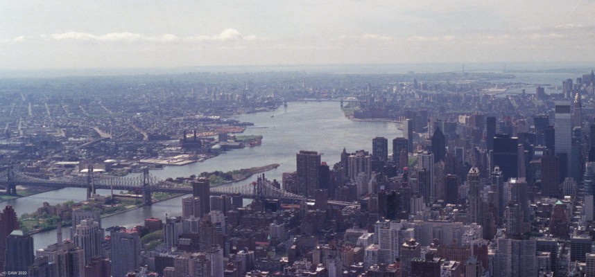 The East River, New York City, 1989
A view looking down the East River, the Island in the middle is Roosvelt Island with the Ed Koch Queensbroro Bridge crossing it.
