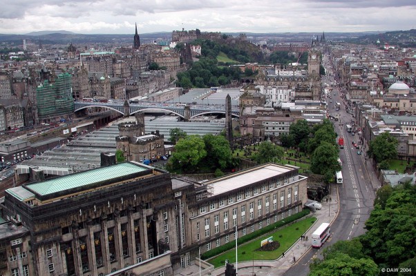 Calton Hill view of City Centre
Princess Street is on the right, the glass roof of Waverly Station can be seen in the centre.
