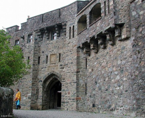 Castle entrance to Eilean Donan
The reconstructed entrance to Eilean Donan Castle.  The castle was restored over a period of 20 years by Col. John Macrea-Gilstrap in 1912, it was until then a ruin.  The restoration cost ?250,000, the castle is now owned by a charitable trust.  Eilean Donan is considered to be the spiritual home of the Clan McRae.   www.eileandonancastle.com
