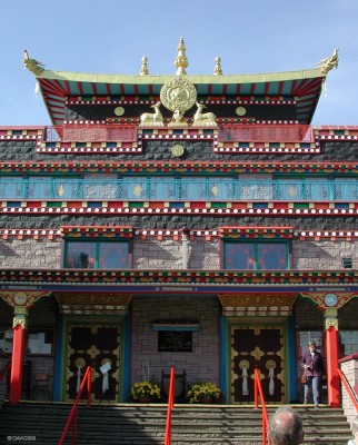 Entrance to the Samye Ling Tibetan Buddhist Temple, Eskdalemuir
This really isn't what you expect to find in the depths of the Esk valley, but the peace and tranquility of the location does seem to be at one with the Buddhist faith.  The Temple was built over a period of 10 years from 1979 using pink Fyfestone.   The [url=http://www.samyeling.org/]Kagyu Samye Ling Monastery [/url] was established in 1967, visitors are welcomed. 
