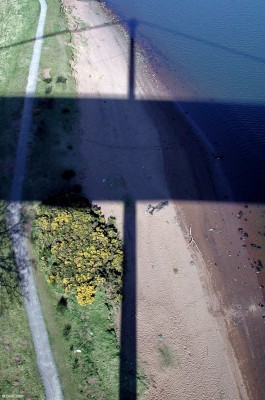 Erskine Bridge, South Tower
One reason it took until 1971 to replace the Erskine Ferry with a bridge was the requirement for the road deck to be 180ft above high tide level to allow ships such as the QEII to pass down from the upper Clyde ship yards.  The tower is 125ft above the road deck and about 180ft from the ground up to the road.
