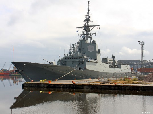F104, Mendez Nunez, Leith 2016
The Spanish Air Defence Frigate Mendez Nunez visiting Leith Harbour in 2016.  Built at the Nevantia shipyard in Spain she was commissioned in 2006.  The ship uses the American Aegis Combat System which has a phased array radar at its heart capable of tracking multiple targets, two of the arrays are visible here on the superstructure above the bridge.
