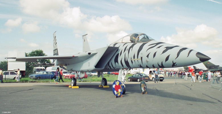 McDonnell Douglas F-15 Eagle, Fairford, 1993
The twin engined all weather tactical fighter aircraft was first intruduced in 1976 and remains in service today with several countries.  Around 1,200 have been built.
