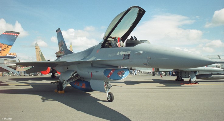 General Dynamics, F16, Fairford, 1993
An F16 of the Royal Netherlands Airforce. The F16 is a single engine multirole fighter aircraft first introduced in 1978, more than 4,600 have been produced since then and it remains in service with many countries.

